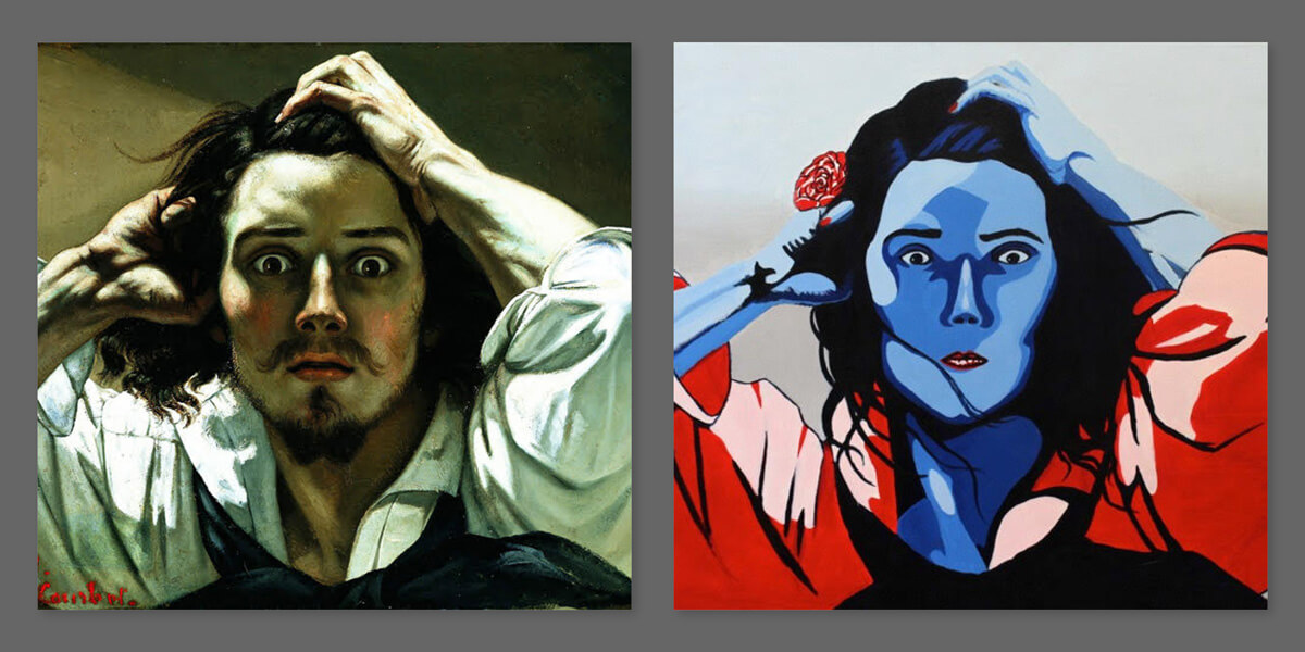 In Bain's version, Courbet’s self-portrait, “The Desperate Man" becomes a woman painted in a style adopted from Shepard Fairey’s Women’s March poster, “We the people defend dignity.”