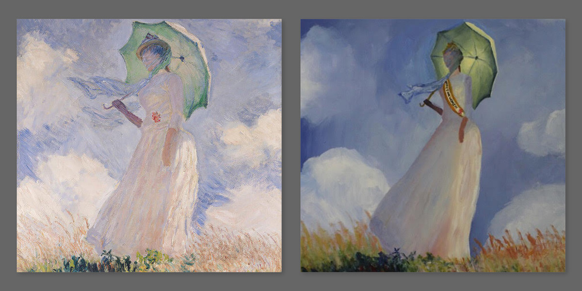 Bain created a replica of Monet’s “Woman with a Parasol" where the woman now is wearing a sash that says, “Votes for Women.”