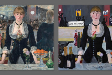 Manet's "A Bar at the Folies-Bergère" painted with a new twist by Ellie Bain.