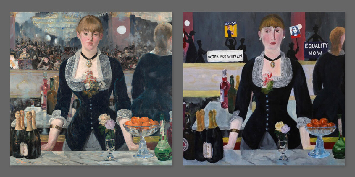 Manet's "A Bar at the Folies-Bergère" painted with a new twist by Ellie Bain.