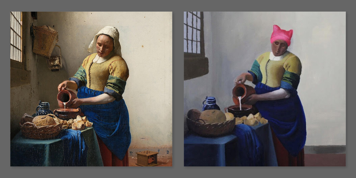 In Vermeer’s “The Milkmaid,” Bain replaced the maid’s white linen cap with a headpiece made famous by the 2017 Women's March.