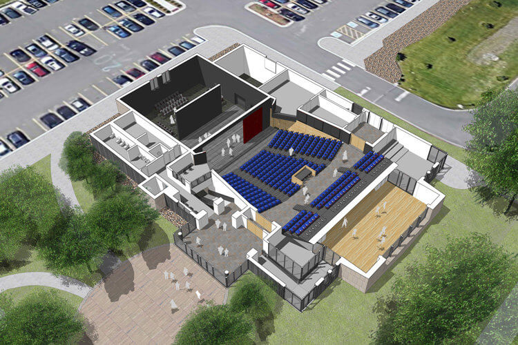An aerial view of the new Performing Arts Center