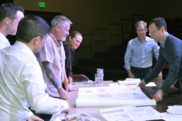 CA theater teachers discuss plans for the new Leach Center for Performing Arts with the architects Shears Adkins Rockmore.
