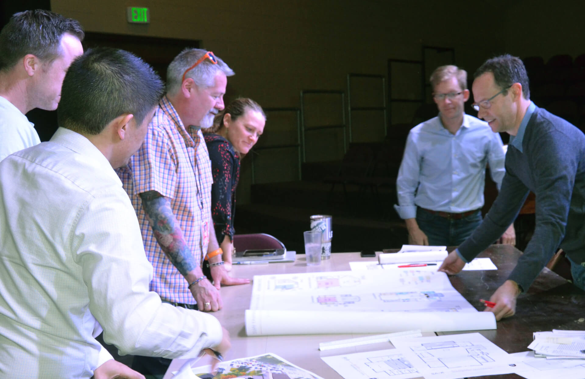 CA theater teachers discuss plans for the new Leach Center for Performing Arts with the architects Shears Adkins Rockmore.