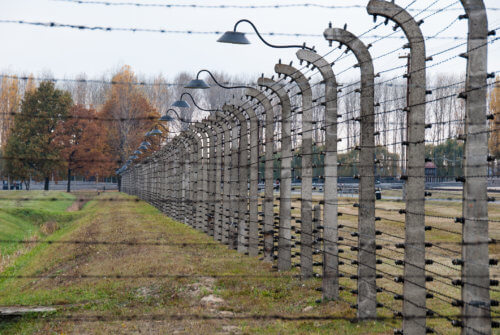  Barbed wire fences in Auschwitz II-Birkenau, a former Nazi extermination camp and now a museum on October 28, 2007 in Oswiecim, Poland
