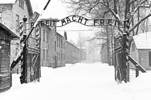 Sing Arbeit macht frei (Work liberates) in Auschwitz II Birkenau concentration camp located in the west of Krakow, Poland
