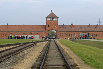 Rail entrance to concentration camp at Auschwitz Birkenau KZ, Poland.
