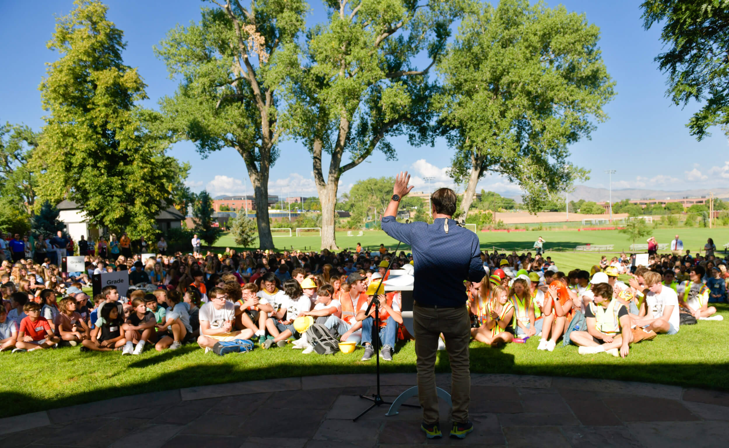 Head of School Mike Davis talks to the Colorado Academy community at the All-School Assembly on the first day of school.